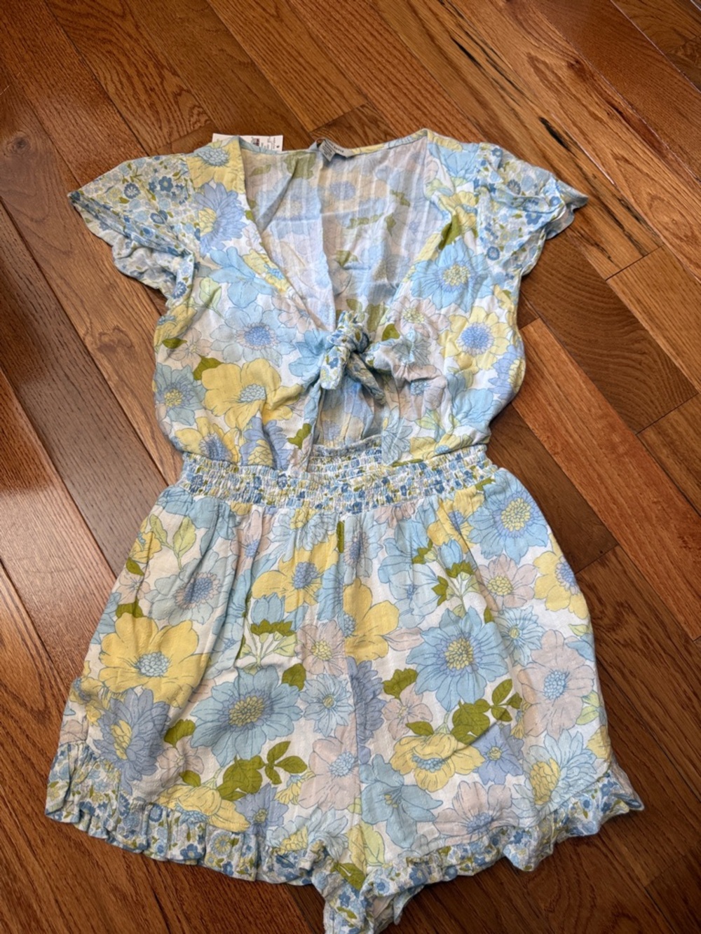 American Eagle Outfitters Blue and Yellow Floral Tie-Front Romper